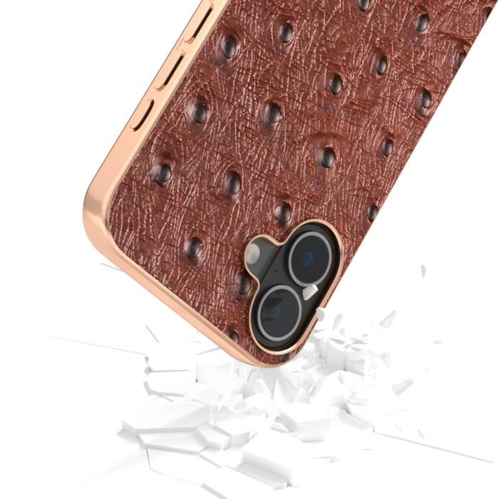 ABEEL - ABEEL iPhone 16 Skal Electroplating Edge Ostrich Läder - Kaffe