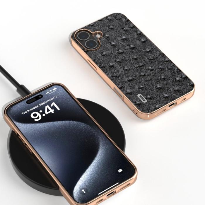 ABEEL - ABEEL iPhone 16 Skal Electroplating Edge Ostrich Läder - Svart