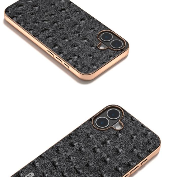 ABEEL - ABEEL iPhone 16 Skal Electroplating Edge Ostrich Läder - Svart