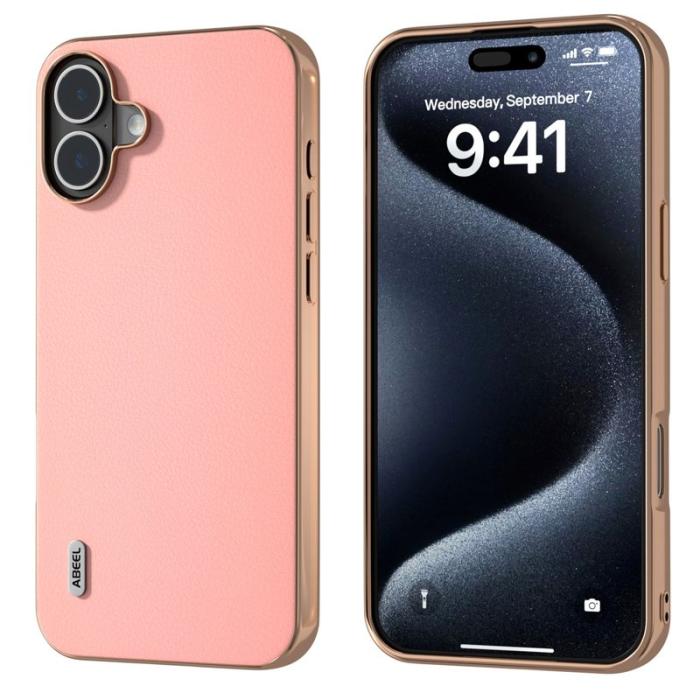 ABEEL - ABEEL iPhone 16 Skal Electroplating Kantskydd Läder + TPU - Rosa