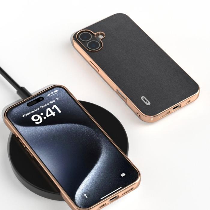 ABEEL - ABEEL iPhone 16 Skal Electroplating Kantskydd Läder + TPU - Svart