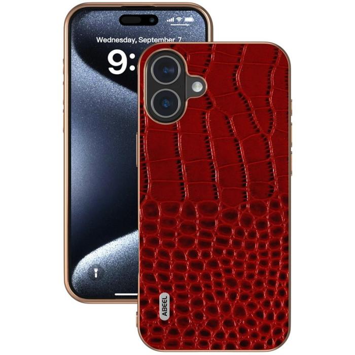 ABEEL - ABEEL iPhone 16 Skal Electroplating Krokodil Läder Röd