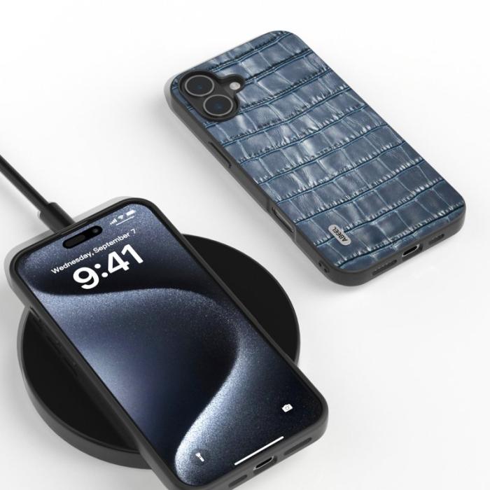 ABEEL - ABEEL iPhone 16 Skal i Äkta Läder + PC + TPU - Blå
