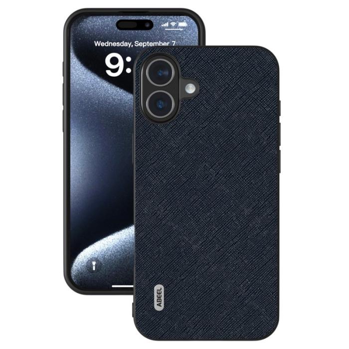 ABEEL - ABEEL iPhone 16 Skal Korsmönster Äkta Läder Hybrid Blå