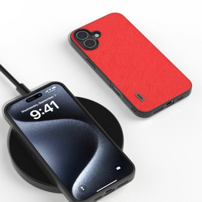 ABEEL - ABEEL iPhone 16 Skal Korsstruktur Äkta Läder Hybrid Röd