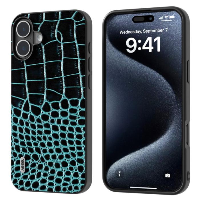 ABEEL - ABEEL iPhone 16 Skal Krokodil Textur Äkta Läder - Midnattsgrön