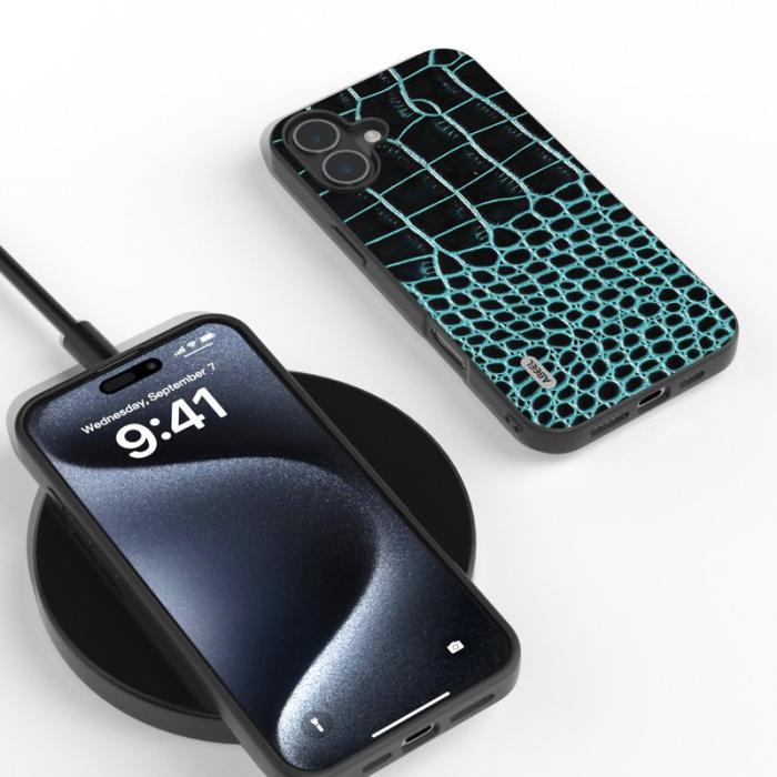 ABEEL - ABEEL iPhone 16 Skal Krokodil Textur Äkta Läder - Midnattsgrön