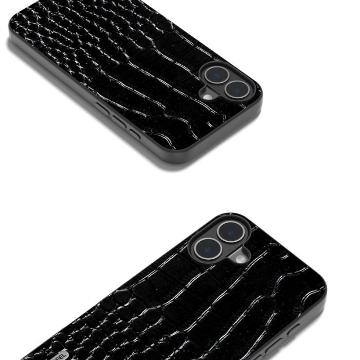 ABEEL - ABEEL iPhone 16 Skal Krokodil Textur Äkta Läder Svart