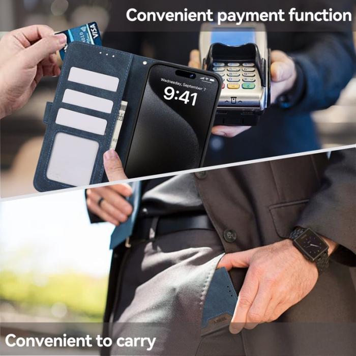 ABEEL - ABEEL iPhone 16 Skal Splicing Läder Flip Fodral RFID Blå