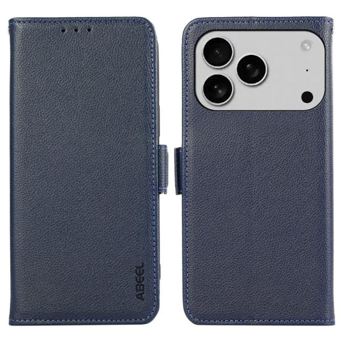 ABEEL - ABEEL iPhone 17 Pro Max Skal Litchi Textur Läder RFID Blå
