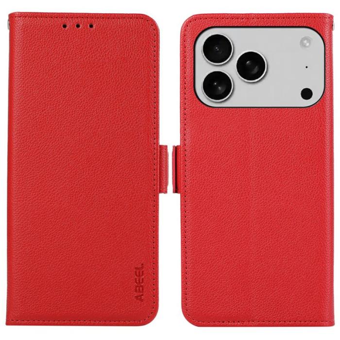 ABEEL - ABEEL iPhone 17 Pro Max Skal Litchi Textur Läder Röd
