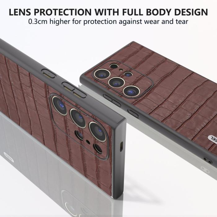 ABEEL - ABEEL Samsung Galaxy S24 Ultra Skal Äkta Läder Krokodil Brun