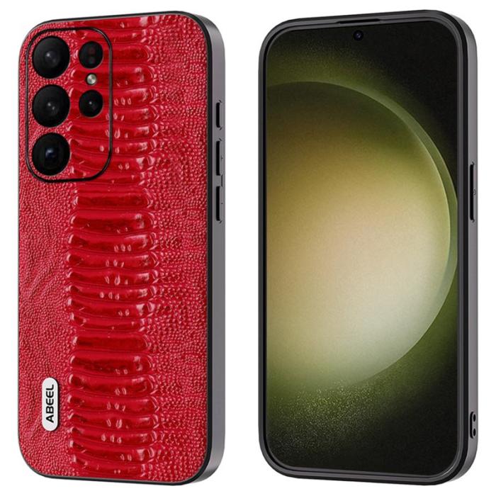 ABEEL - ABEEL Samsung Galaxy S24 Ultra Skal Äkta Läder Krokodil Röd