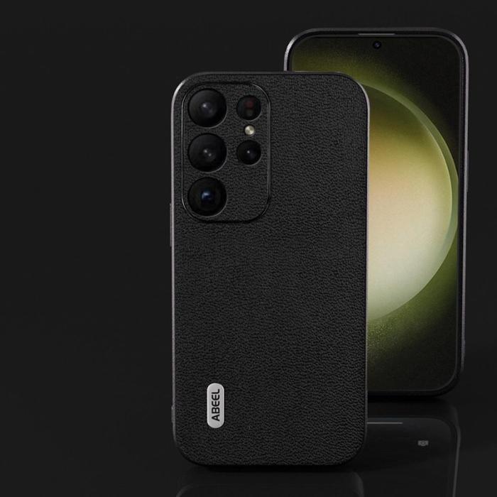 ABEEL - ABEEL Samsung Galaxy S24 Ultra Skal Äkta Läder Litchi Svart