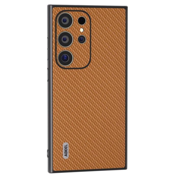 ABEEL - ABEEL Samsung Galaxy S24 Ultra Skal Carbon Fiber Läder Ljusbrun