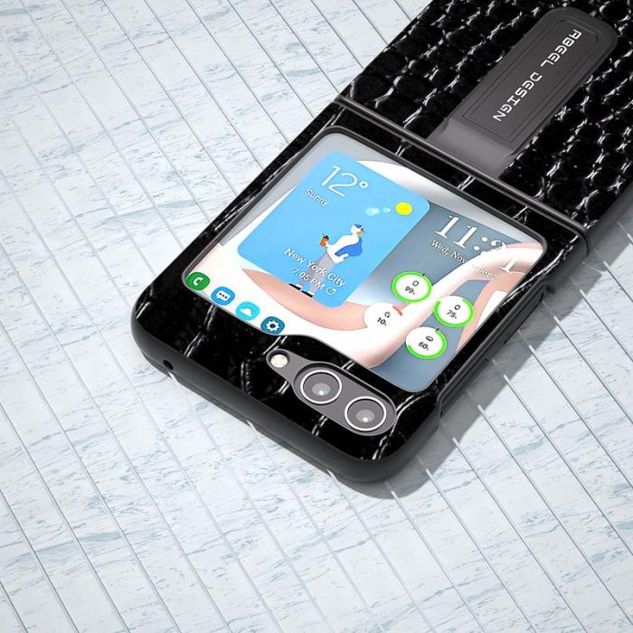 ABEEL - ABEEL Samsung Galaxy Z Flip5 Fodral Crocodile Läder Svart