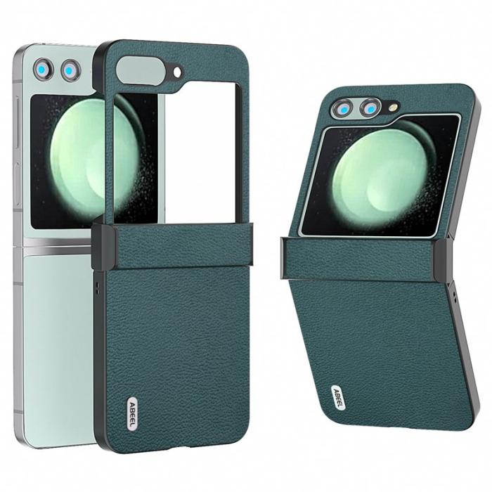 ABEEL - ABEEL Samsung Galaxy Z Flip5 Fodral Hinge Skydd Äkta Läder - Mörkgrön