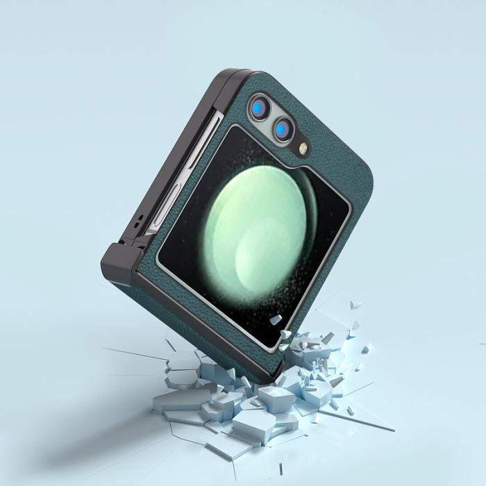 ABEEL - ABEEL Samsung Galaxy Z Flip5 Fodral Hinge Skydd Äkta Läder - Mörkgrön