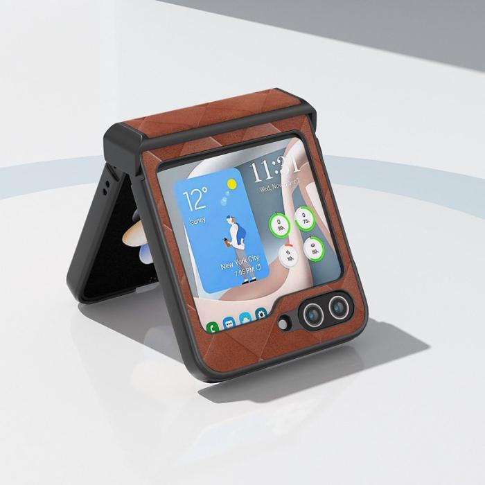 ABEEL - ABEEL Samsung Galaxy Z Flip5 Fodral Läderbrun Grid Textur