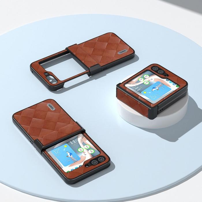 ABEEL - ABEEL Samsung Galaxy Z Flip5 Fodral Läderbrun Grid Textur