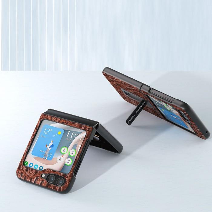 ABEEL - ABEEL Samsung Galaxy Z Flip5 Kickstand Fodral Äkta Läder Brun