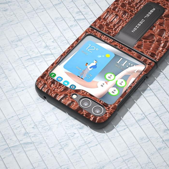 ABEEL - ABEEL Samsung Galaxy Z Flip5 Kickstand Fodral Äkta Läder Brun