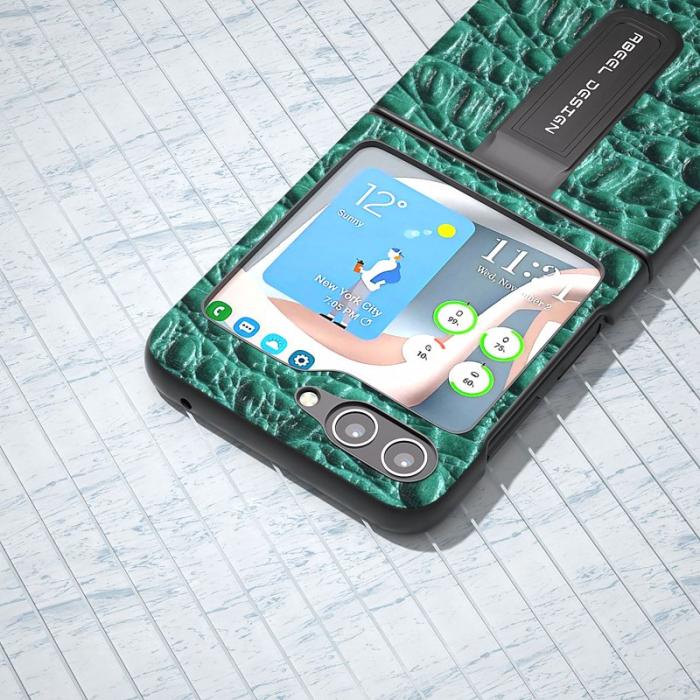 ABEEL - ABEEL Samsung Galaxy Z Flip5 Kickstand Fodral Äkta Läder Grön