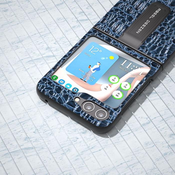 ABEEL - ABEEL Samsung Galaxy Z Flip5 Kickstand Fodral Äkta Läder Svart