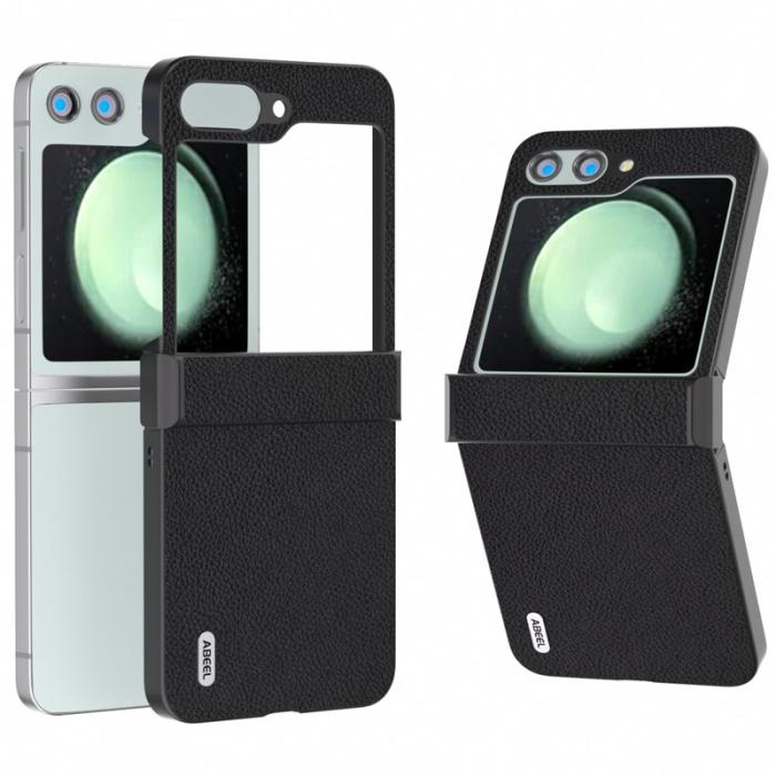 ABEEL - ABEEL Samsung Galaxy Z Flip5 Litchi Texture Skal Äkta Läder Svart