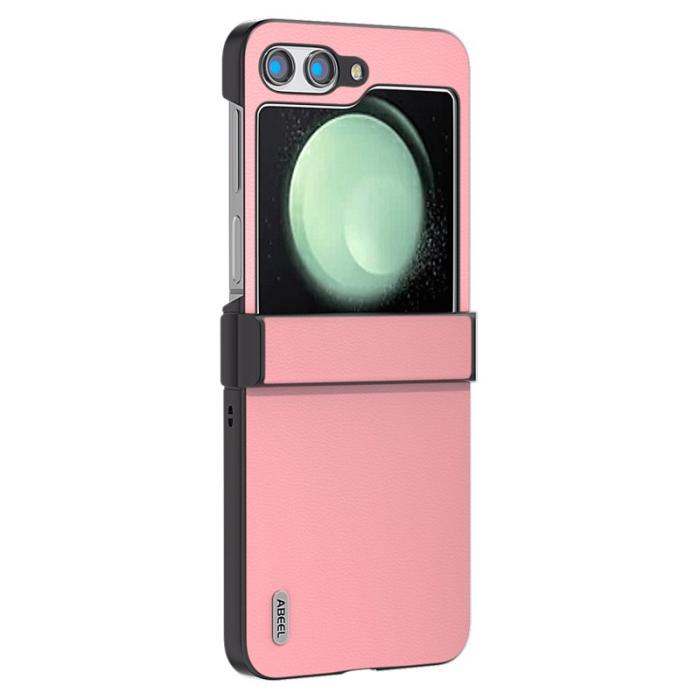 ABEEL - ABEEL Samsung Galaxy Z Flip5 Skal Hinge Protection Äkta Läder Rosa
