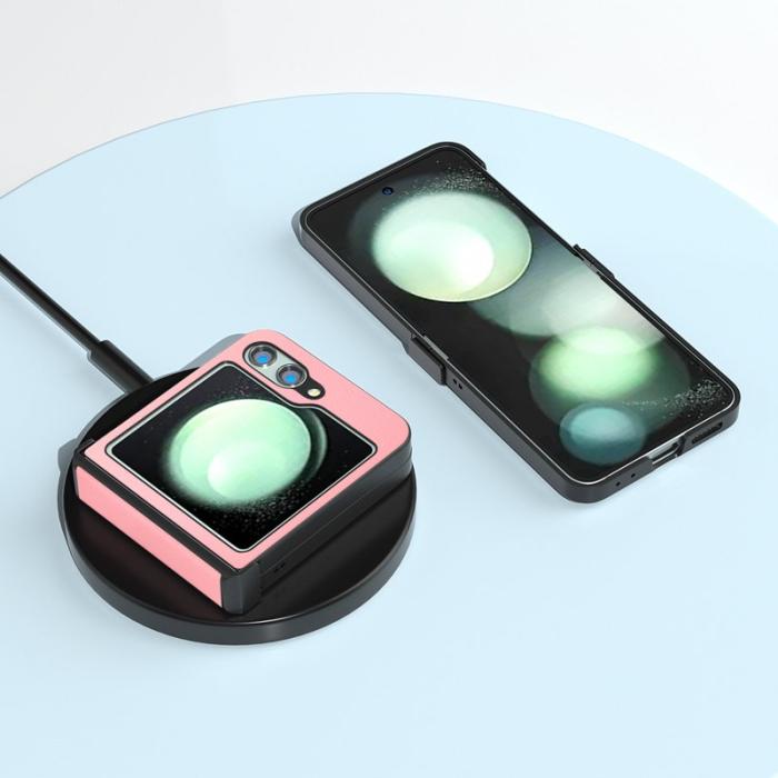 ABEEL - ABEEL Samsung Galaxy Z Flip5 Skal Hinge Protection Äkta Läder Rosa