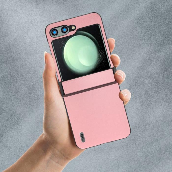 ABEEL - ABEEL Samsung Galaxy Z Flip5 Skal Hinge Protection Äkta Läder Rosa