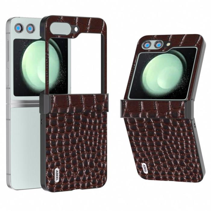 ABEEL - ABEEL Samsung Galaxy Z Flip5 Skal Hinge Skydd Äkta Läder Kaffe
