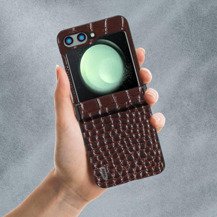 ABEEL - ABEEL Samsung Galaxy Z Flip5 Skal Hinge Skydd Äkta Läder Kaffe