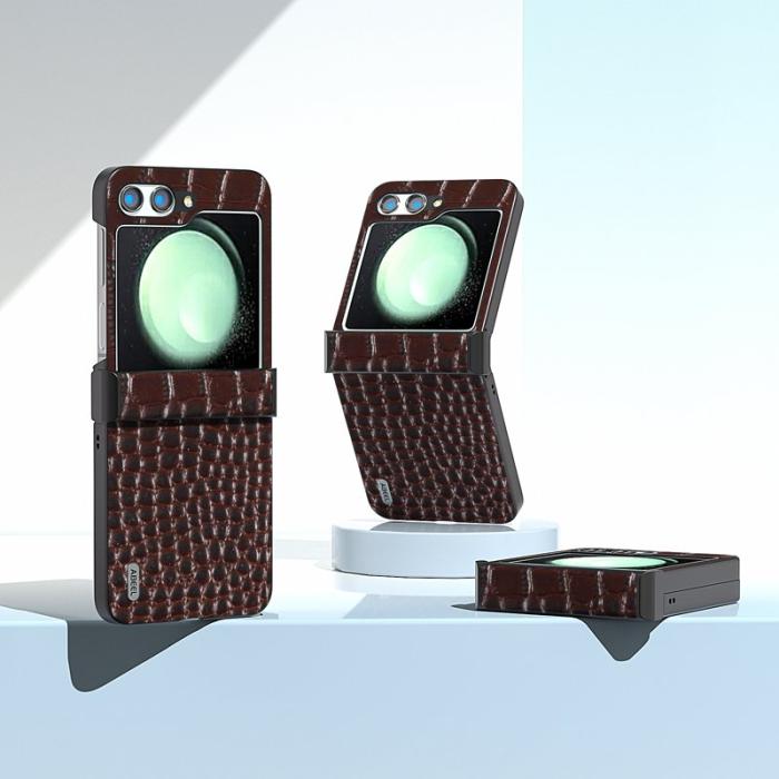 ABEEL - ABEEL Samsung Galaxy Z Flip5 Skal Hinge Skydd Äkta Läder Kaffe