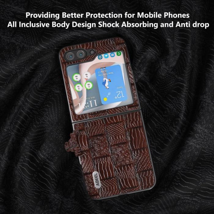 ABEEL - ABEEL Samsung Galaxy Z Flip5 Skal Mahjong Textur Äkta Läder Brun
