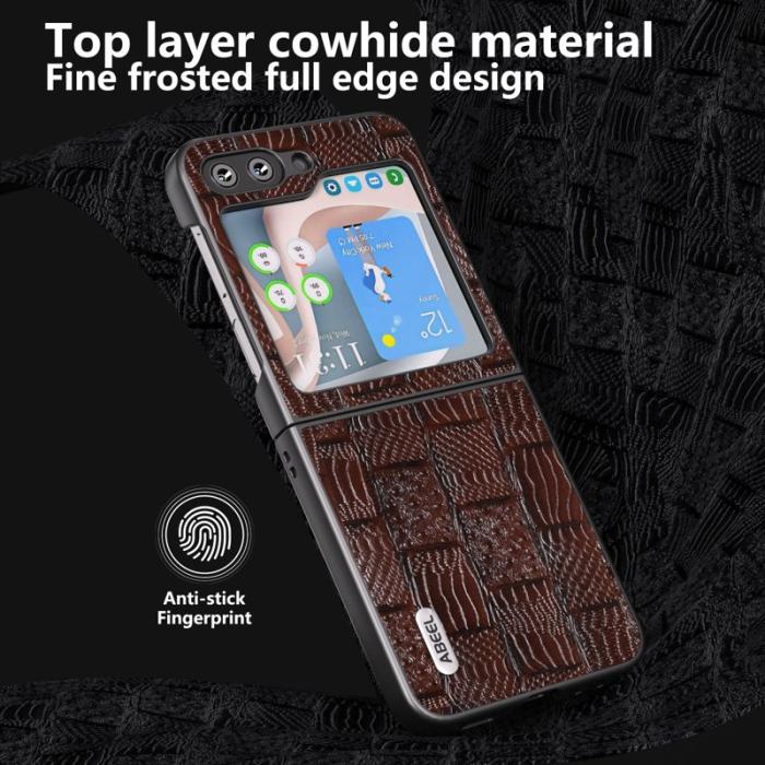 ABEEL - ABEEL Samsung Galaxy Z Flip5 Skal Mahjong Textur Äkta Läder Brun