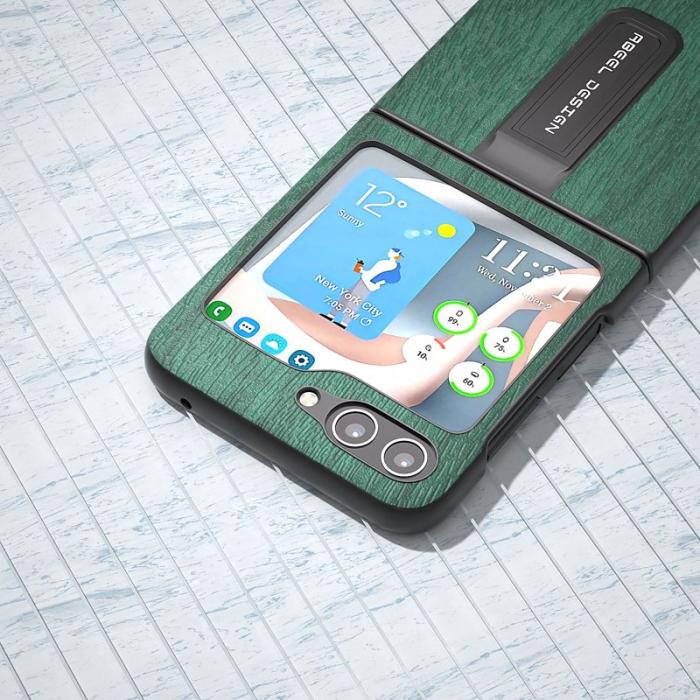 ABEEL - ABEEL Samsung Galaxy Z Flip5 Skal PU Läder Grön Wood Texture