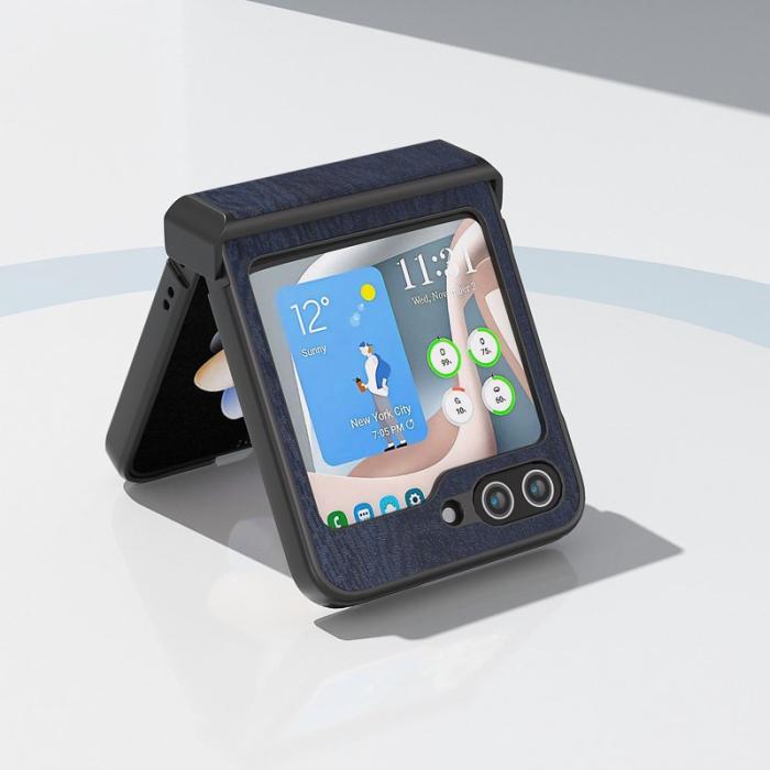 ABEEL - ABEEL Samsung Galaxy Z Flip5 Skal Trätextur Läder+PC Blå