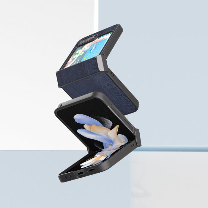 ABEEL - ABEEL Samsung Galaxy Z Flip5 Skal Trätextur Läder+PC Blå