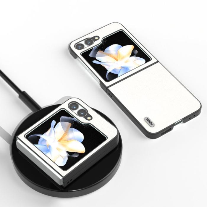 ABEEL - ABEEL Samsung Galaxy Z Flip7 FE 5G Mobilskal Äkta Läder Grå Vit