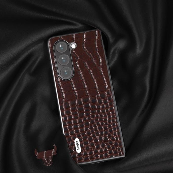ABEEL - ABEEL Samsung Galaxy Z Fold5 5G Skal i Läder Krokodil - Kaffe