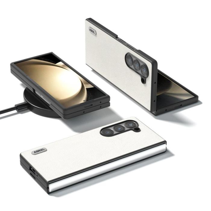 ABEEL - ABEEL Samsung Galaxy Z Fold6 5G Skal Äkta Läder Grå Vit