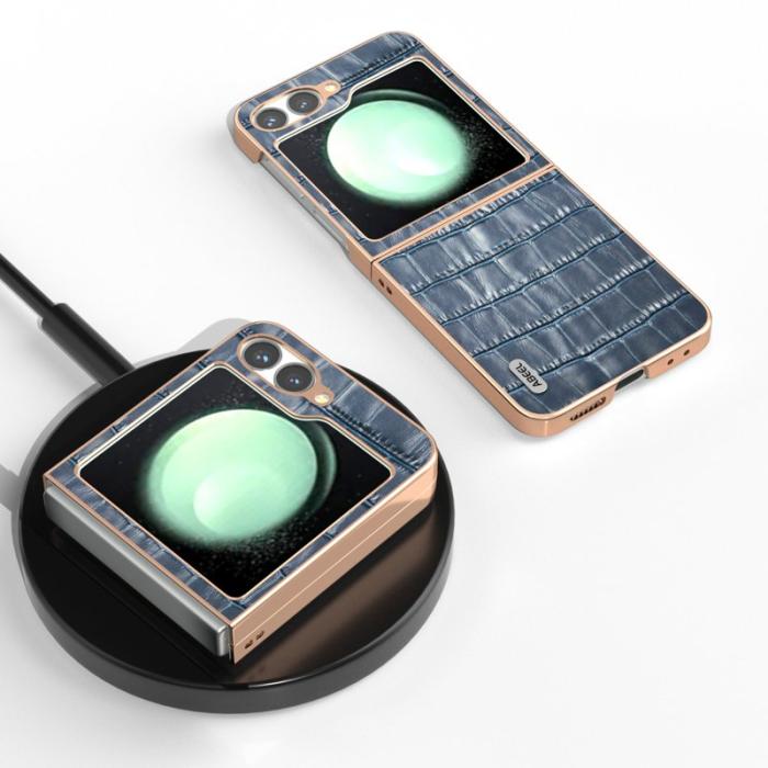ABEEL - ABEEL Z Flip7 FE 5G Skal Crocodile Textur Blå Genuine Läder