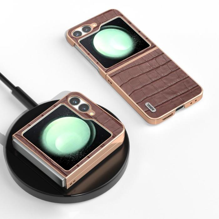 ABEEL - ABEEL Z Flip7 FE 5G Skal i äkta läder med krokodiltextur - Brun