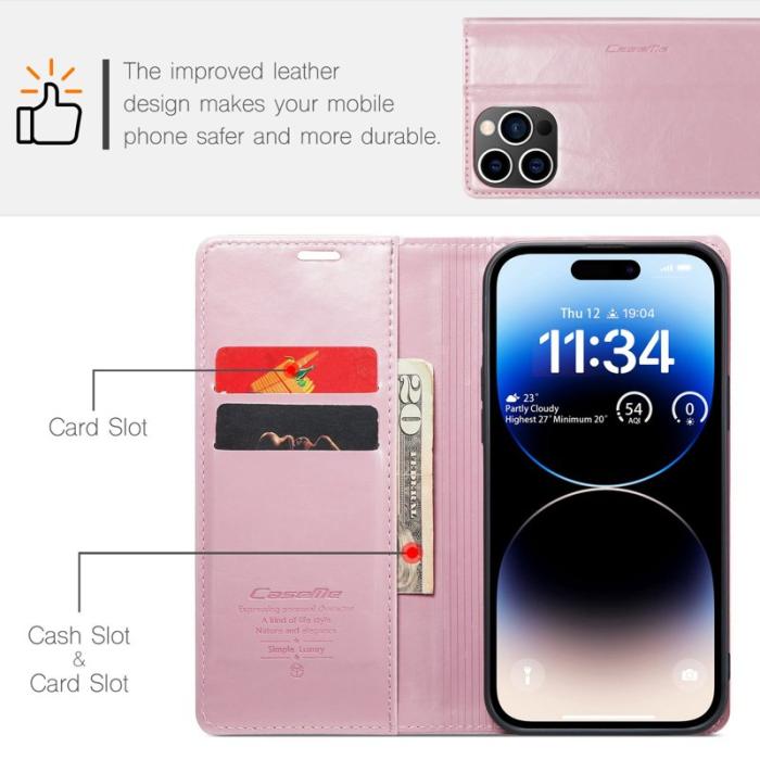 Caseme - CASEME 003 PU Läder Fodral iPhone 14 Pro Max Stöd Pink