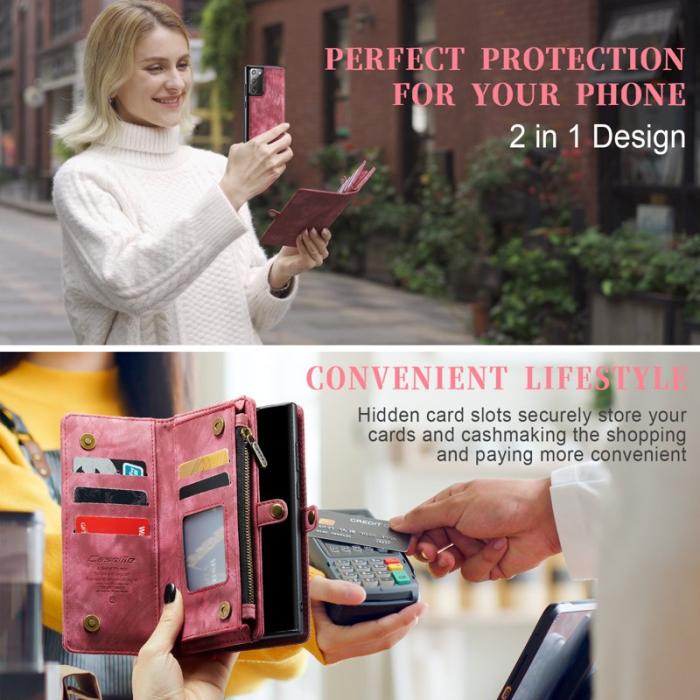 Caseme - CASEME 008 Multi-functional Zipper Wallet Skal Samsung Galaxy Note20 Röd