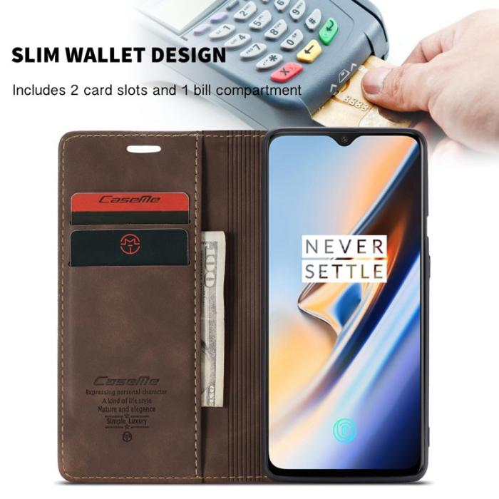 Caseme - CASEME 013 Auto-absorberande Läder Flip Wallet Fodral OnePlus 7 - Coffee