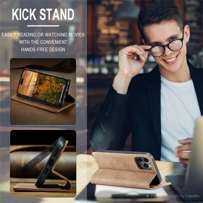 Caseme - CASEME 013 iPhone 15 Pro Konstläderplånboksfodral Ställ - Brun