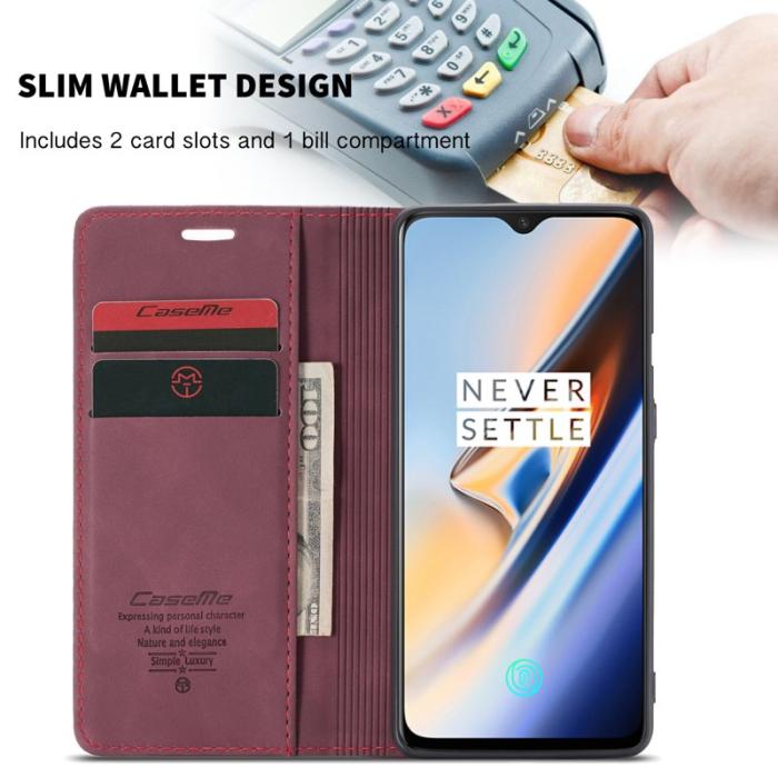 Caseme - CASEME 013 Leather Flip Wallet Case för OnePlus 7 - Vinröd